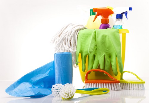 Cleaning professional with safety equipment in a residential property